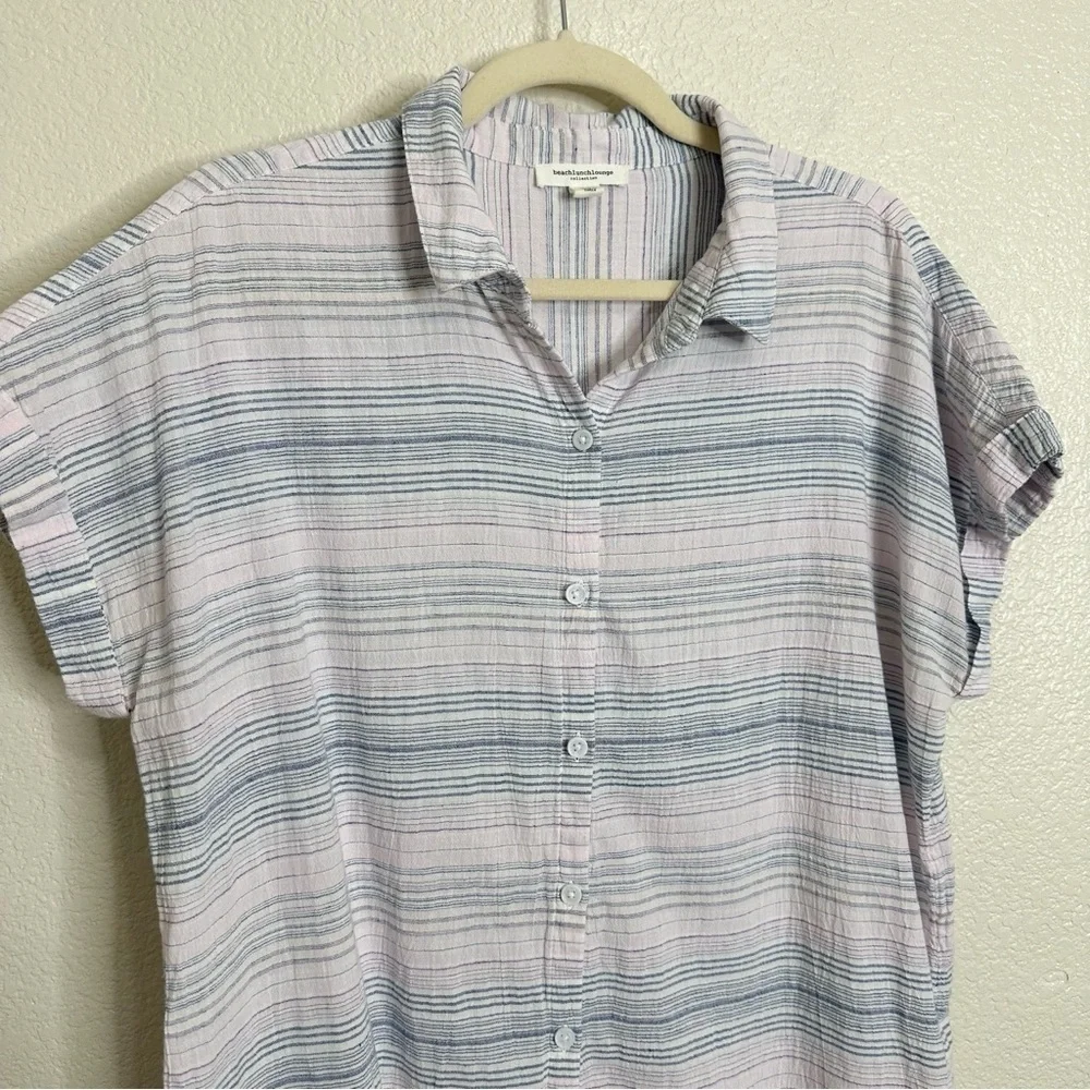 Beachlunchlounge Women's Pink Blue Striped Button Down Shirt, Sz Large